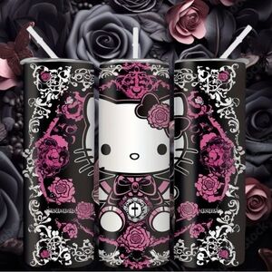 🆕 Hello Kitty Stainless Steel Tumbler w/ Straw - Black Cat & Rose Design - 20oz